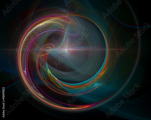 Ambient flow in artistic digital composition. Spiral lens flare and glare around spotlight in deep far darkness.