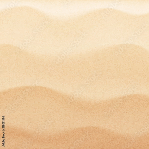 Top view of desert dunes or tropical seashore landscape. Wavy sand surface illustration. Realistic coastal beach texture. Summer background of natural sandy seaside shore.