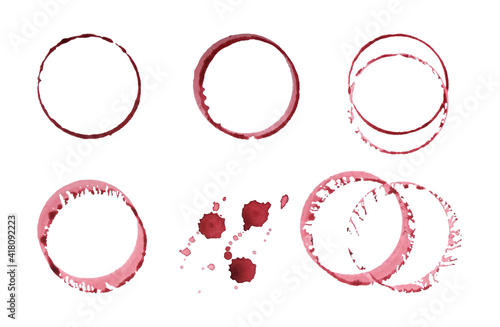 Watercolor round spots of red wine, drops, splashes, spilled wine glass, icons. For your design.
