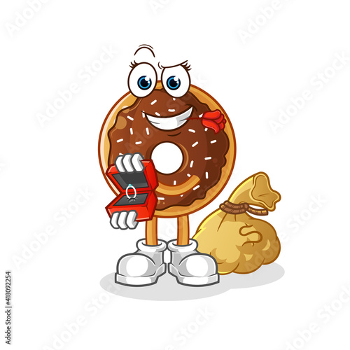 chocolate donut propose and holding ring character. cartoon mascot vector