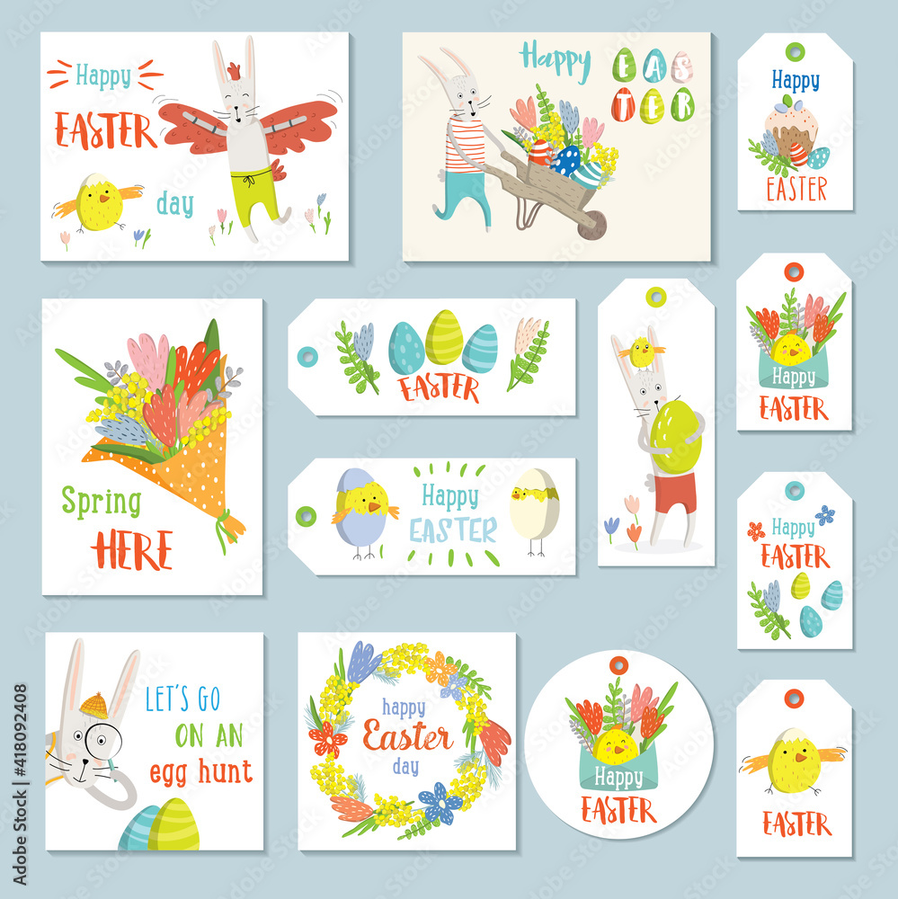 Spring illustrations set. Easter cards, gift tags and labels. Bouquet with flowers, Easter bunnies and wishes for a Happy Easter. Cute and modern vector illustration
