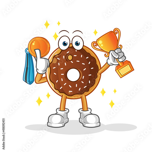 chocolate donut winner with trophie and medal vector. cartoon character