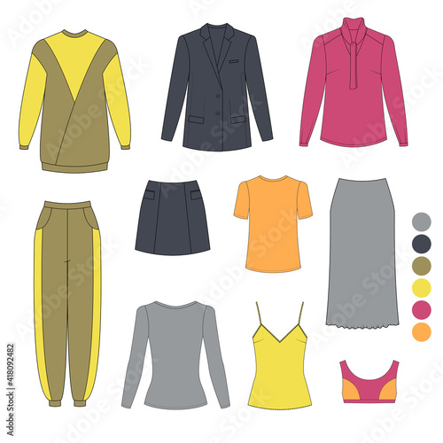 Fashion illustration. Women set: top, jacket and tousers with bow. Technical drawing vector