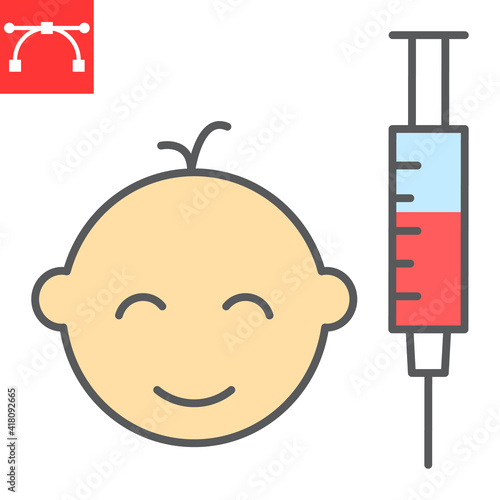 Children vaccination color line icon, vaccine and injection, child vaccination vector icon, vector graphics, editable stroke filled outline sign, eps 10.