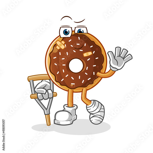 chocolate donut sick with limping stick character. cartoon mascot vector
