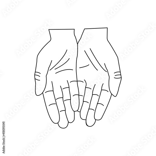 Two outstretched palms, gesturing. Human hands to the wrist. Linear vector black and white illustration in hand drawn, minimalistic trendy icon. Doodle isolated