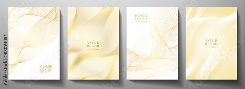 Modern cover design set. Gold abstract line pattern (guilloche curves) in premium gold color. Luxury golden stripe vector layout for business background, certificate, brochure template
