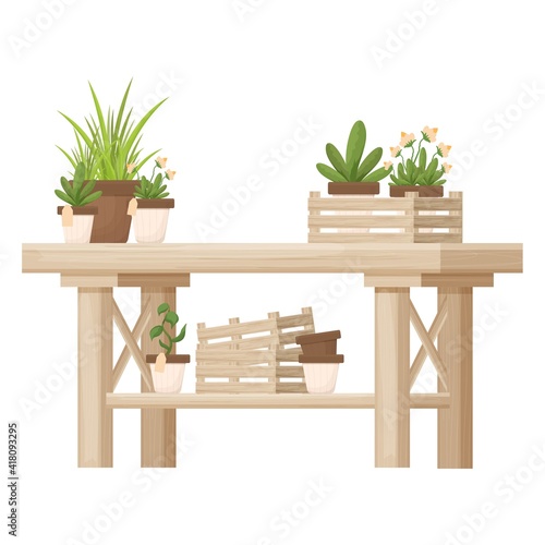 Wooden table with potted plants, flowers, florist shop, orangery decoration in cartoon style isolated on white background. Gardening, seeding element, advertising composition. Furniture for interior.