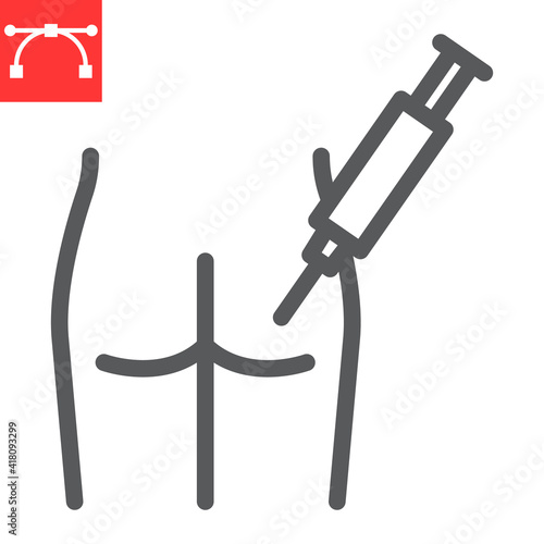 Intramuscular injection line icon, vaccination and syringe, buttock injection vector icon, vector graphics, editable stroke outline sign, eps 10.