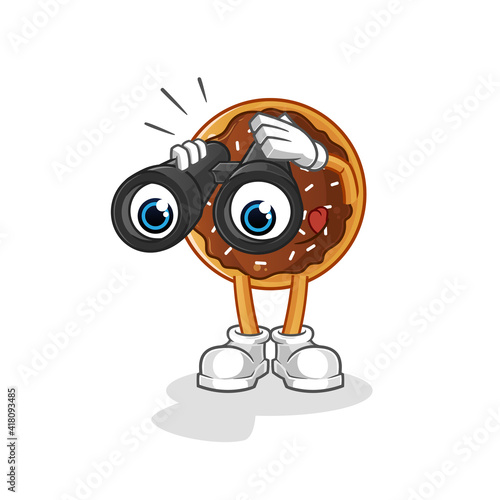 chocolate donut with binoculars character. cartoon mascot vector