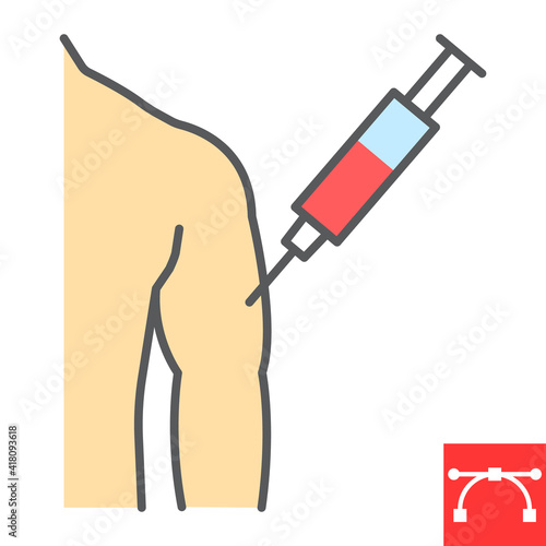 Injection in mans arm color line icon, vaccination and syringe, covid-19 vaccine vector icon, vector graphics, editable stroke filled outline sign, eps 10.