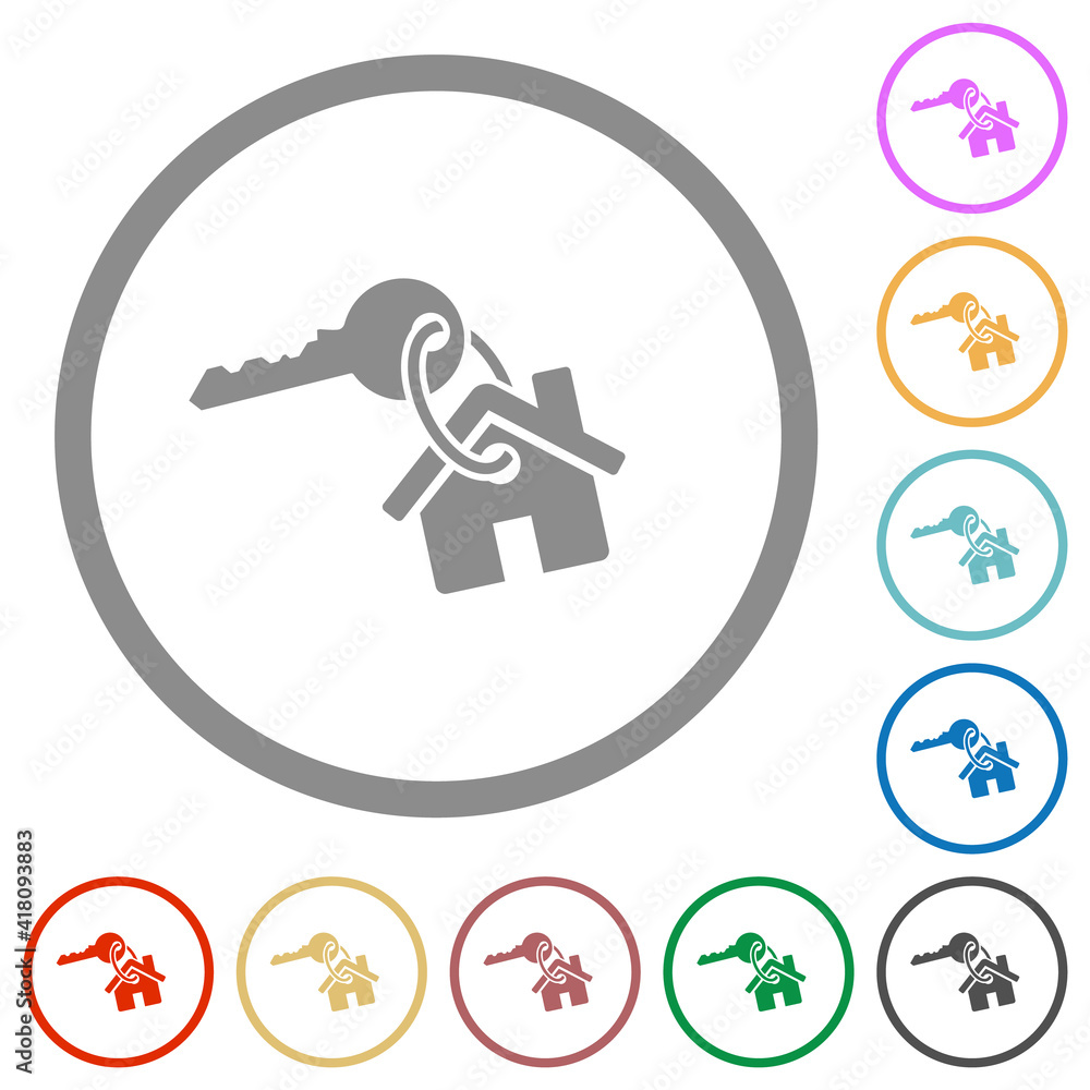 Key and house on keyring flat icons with outlines Key and house on keyring flat icons with outlines