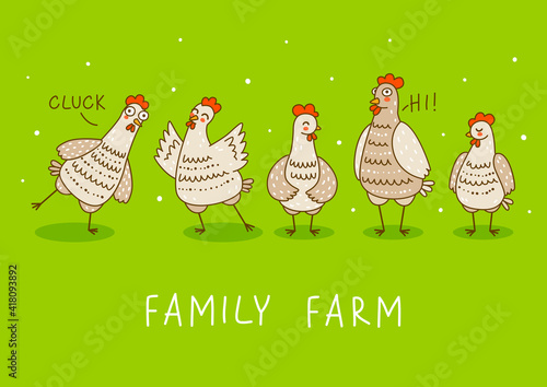 Horizontal border with cute chickens on green background - cartoon hens and roosters characters for happy farm design