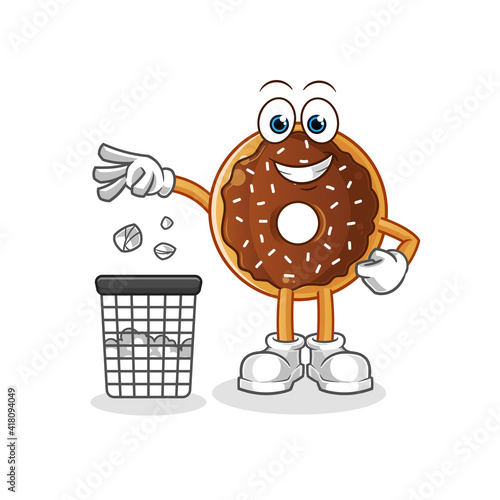 chocolate donut Throw garbage in trash can mascot. cartoon vector
