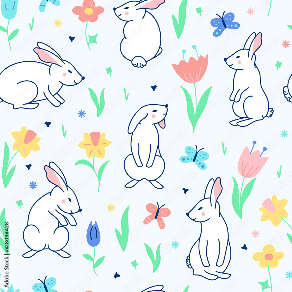 Lovely rabbits and flowers. Easter, eggs and cake. Cute childish seamless pattern in cartoon style. Seamless pattern can be used for wallpapers, pattern fills, web page backgrounds, surface textures Lovely rabbits and flowers. Easter, eggs and cake. Cute childish seamless pattern in cartoon style. Seamless pattern can be used for wallpapers, pattern fills, web page backgrounds, surface textures