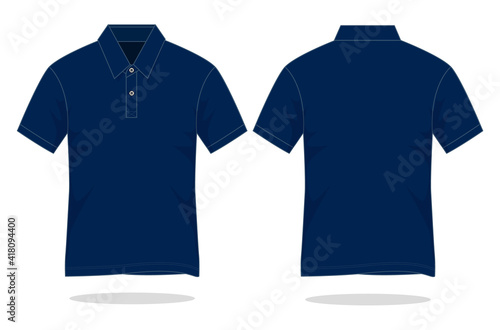 Blank navy blue short sleeve polo shirt template on white background. Front and back views, vector file.