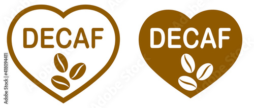 Caffeine free. Decaf heart-shaped logo. Stamp or icon. Brown label. Decaffeinated coffee. Coffee bean. Healthy drinks. Beverage. Herbal tea.	