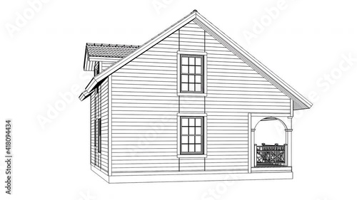 The cartoon-style animation of a frame house under construction. High-quality 3D render of the detailed house structure. 3D illustration of house with slabs, interior walls, pitched roof.