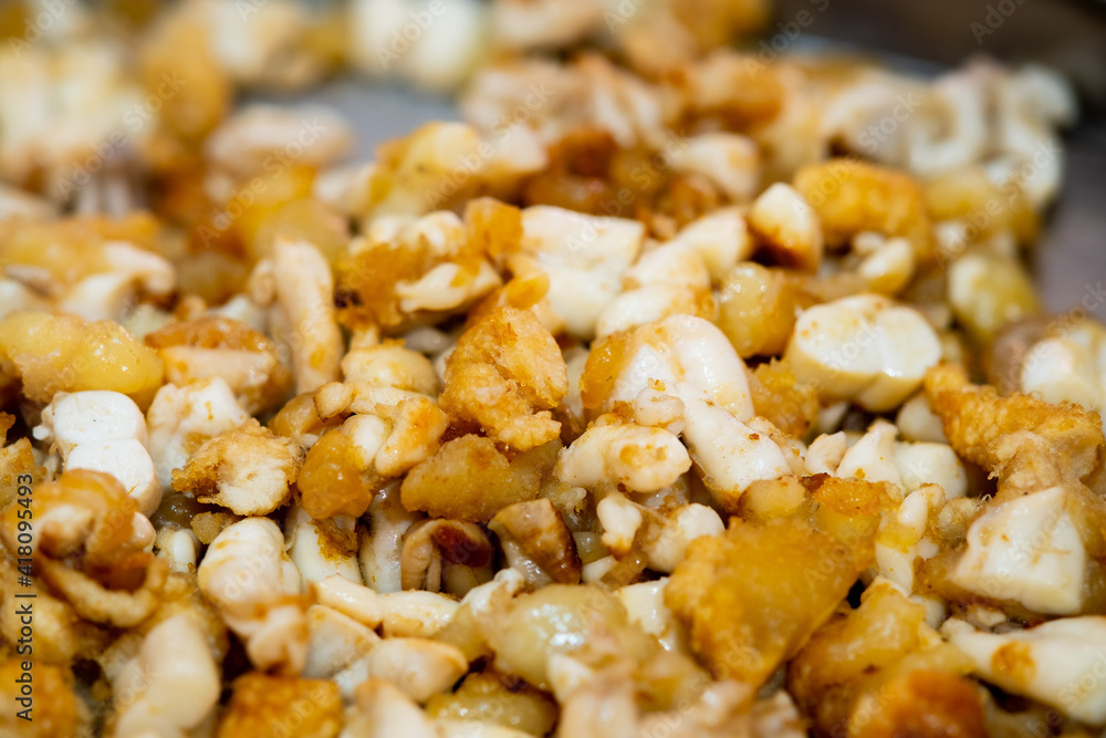 Close up of fried squid egg, thai street food market Close up of fried squid egg, thai street food market