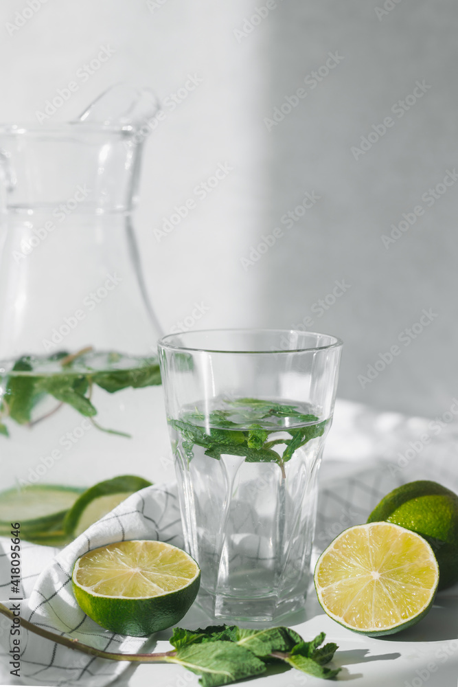 Detox water with lime fruit and mint leaves. Mint fresh homemade lemonade Detox water with lime fruit and mint leaves. Mint fresh homemade lemonade