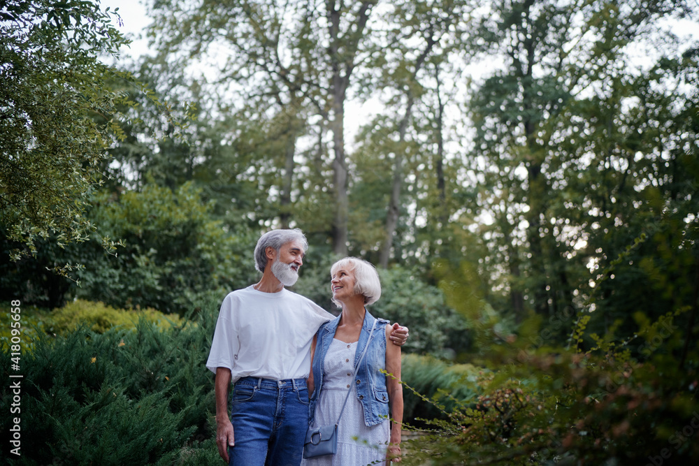 Senior family couple walking together at summer park. Senior family couple walking together at summer park.