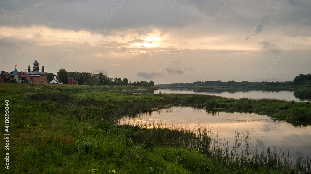 Monastery and river Daugava in the evening. Jekabpils, Latvia.