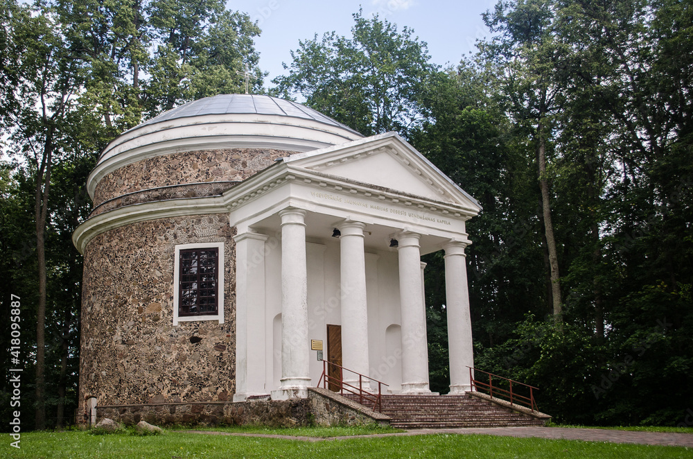 Preili catolic chapel with columns. Preili, Latvia.