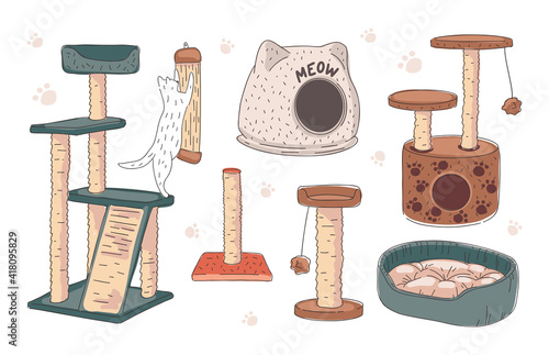 a set of scratching posts for cats and sun beds. houses and toys for pets