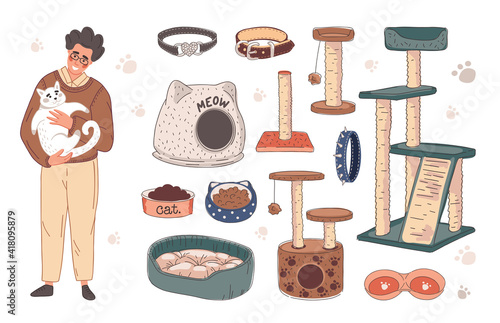 a set of accessories for taking care of a pet. sun loungers, bowls, scratching posts, collars.
the man loves his cat and holds in his arms