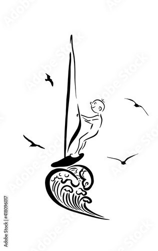 Asian man windsurfing. Young man standing on the board with sail for surfing. Man learning to windsurf. Windsurfer training on the water. Vector flat design illustration isolated on white background.