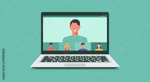 people connecting together, learning and meeting online with teleconference or video conference remote working on laptop computer, work from home and anywhere, vector flat illustration