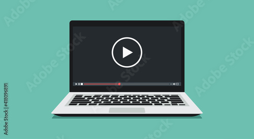 video player icon on laptop computer concept, vector flat illustration