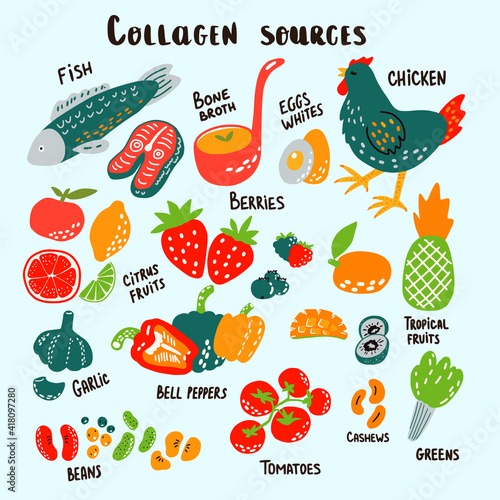 Set of natural collagen sources set of doodle. Trendy beauty ingredient. Various products rich of collagen such as fish, bone broth, beans, berries, etc.