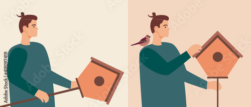 Man with birdhouse isolated, Flat vector illustration as Ornathology concept. care for nature