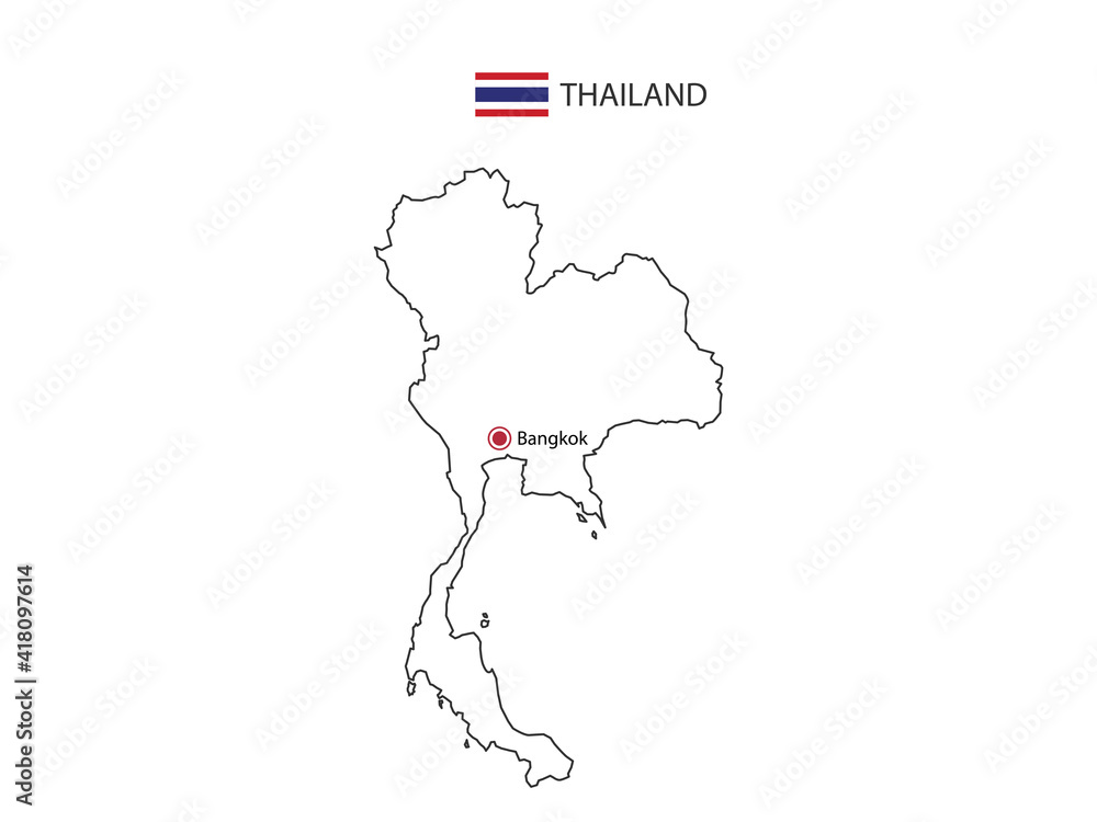 Hand draw thin black line vector of Thailand Map with capital city Bangkok on white background.