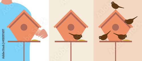 Feeding birds with food, Flat vector stock illustration with bird feeder