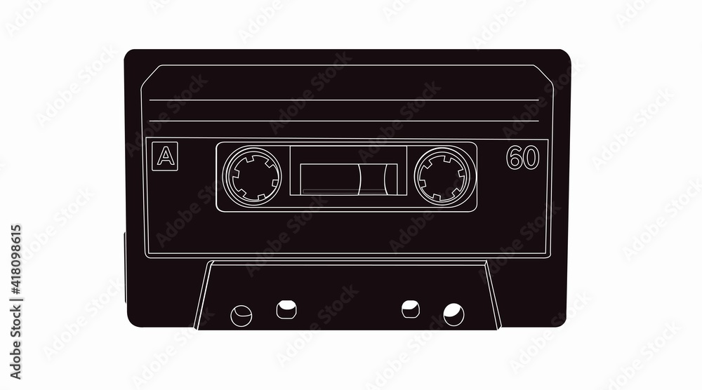 Obraz premium Vector Isolated Lines Illustration of a Cassette, black and white illustration of a music tape