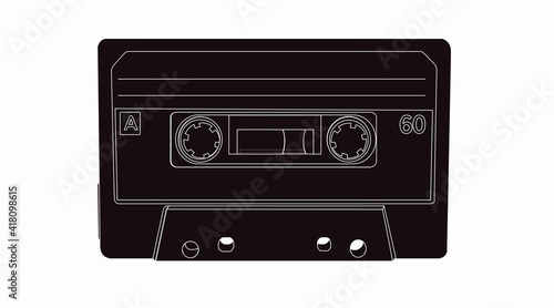 Vector Isolated Lines Illustration of a Cassette, black and white illustration of a music tape