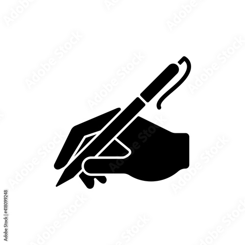 Hand writing with pen black glyph icon. Ability to write correctly. Beautiful handwriting. Signature of documents. Place for signature. Silhouette symbol on white space. Vector isolated illustration