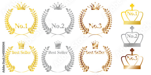 Set of gold, silver and bronze laurels branches emblems.
Hand drawn vector laurel decorative elements for website, banner, AD and sale promotion design. ベストセラーエンブレム、プロモーション装飾、金銀銅デコレーションデザイン