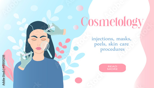 vector illustration on the theme of cosmetology, skin care. girls inject, examine her skin. the inscription "cosmetology". banner for the site. flat illustration for magazines, applications