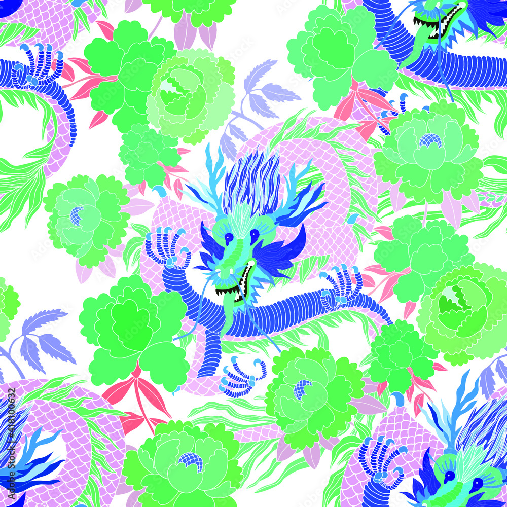 Creative seamless pattern with hand drawn chinese art elements: dragon, lantern, fan and flowers. Trendy print. Fantasy chinese dragon, great design for any purposes. Asian culture. Abstract art.	
