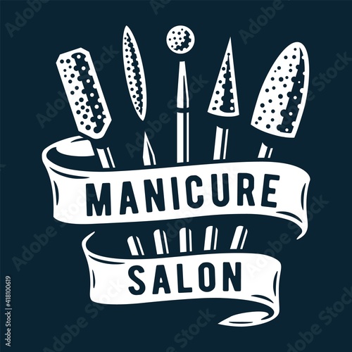 Emblem with set of manicure nailfiles or tools for nail bar and beauty salon. An emery board or Instrument fingernail studio or manicurist service