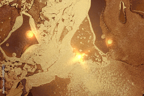 Fortuna gold and brown abstract alcohol ink marble texture. Vector shining background with glitter. Template for banner, poster design. Fluid art painting