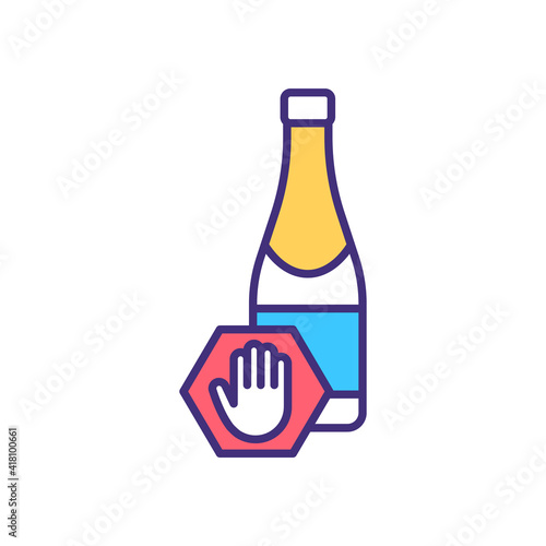 Alcohol control RGB color icon. Alcoholic beverages ban. Preventing unhealthy alcohol drinking behaviors. Drinking problem. Packaging beer, wine in carry-on baggage. Isolated vector illustration