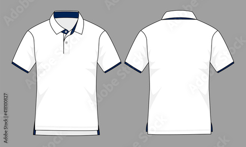 White-Navy Blue Short Sleeve Polo Shirt With Front Short, Back Long Hem Design on Gray Background. Front and Back Views, Vector File.