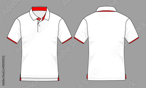 White-Red Short Sleeve Polo Shirt With Front Short, Back Long Hem Design On Gray Background, Vector File.