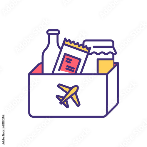 Transporting food by plane RGB color icon. Solid, liquid and gel items. Bringing snacks on airplane. Packing carry-on bag. In-flight meal. Travel with food. Isolated vector illustration