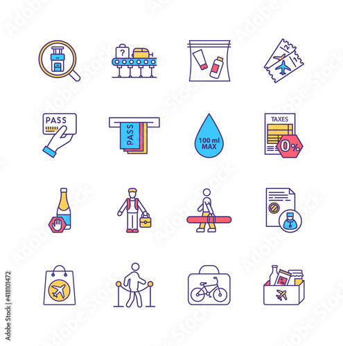 Airport security regulations RGB color icons set. Airline ticket. Special baggage. 100 ml liquid capacity restriction. Physical bag search. Screening checkpoint process. Isolated vector illustrations