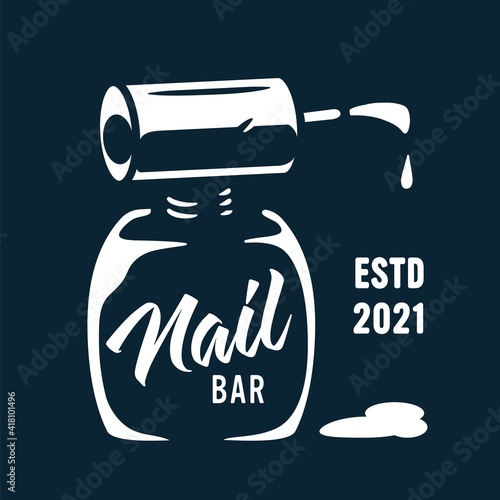 Manicure polish or varnish in bottle with brush for nail bar and beauty salon. Element for emblem fingernail studio or logo of manicurist service